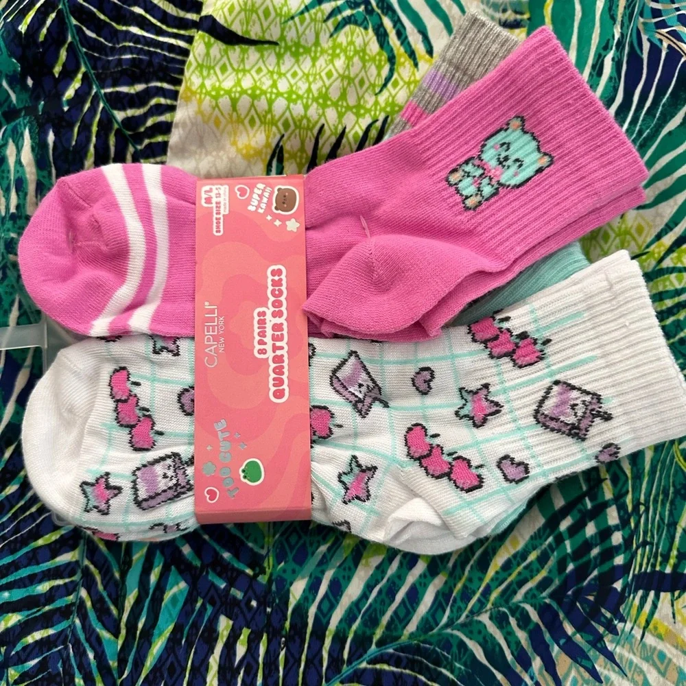 🧦 Capelli New York 8-Pair Quarter Socks Cute Kawaii Bear Heart Print M/L